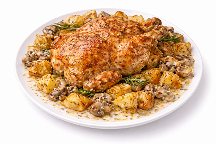 Mfood.kz Курица в сливочном соусе с картофельными дольками с грибами и розмарином 2кг